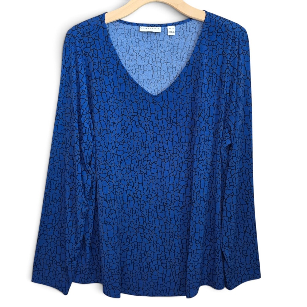 Susan Graver Top Womens XL Blue Liquid Knit Printed Blouse V Neck Stretch LS